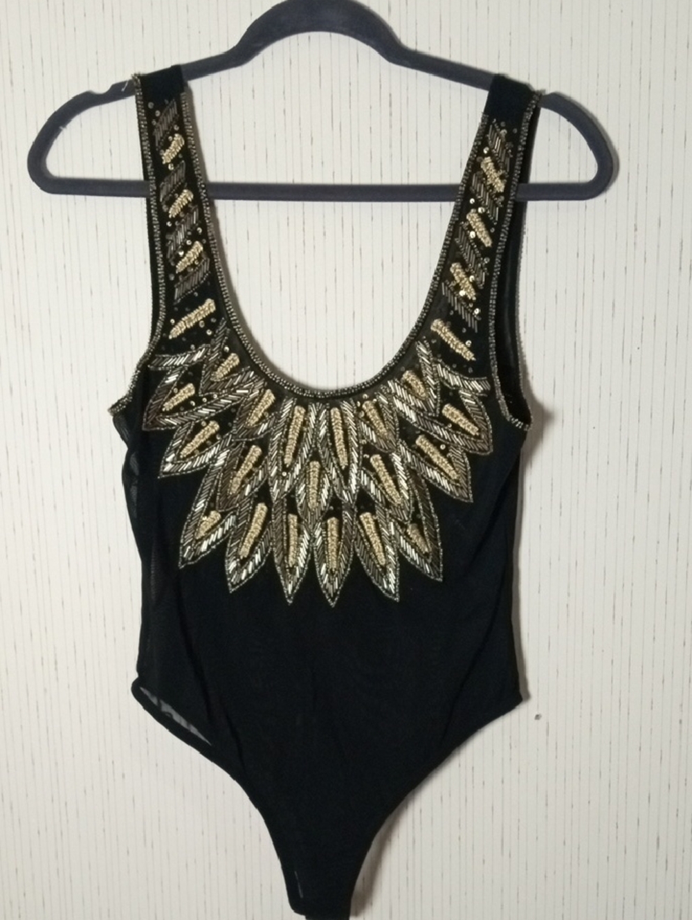 Hours Black Bodysuit with Gold Beaded Neckline Holidays, Cruise, Ballroom Dancer